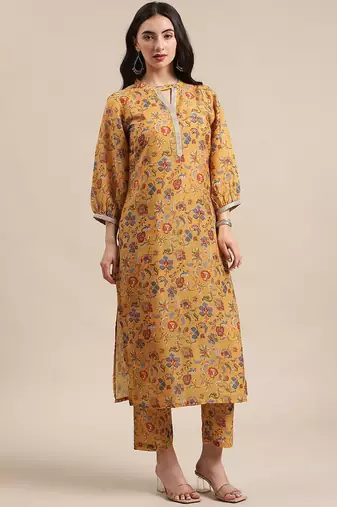 Women Mustard Yellow Floral Printed Straight Kurta with Trousers