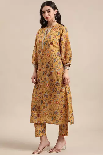 Women Mustard Yellow Floral Printed Straight Kurta with Trousers