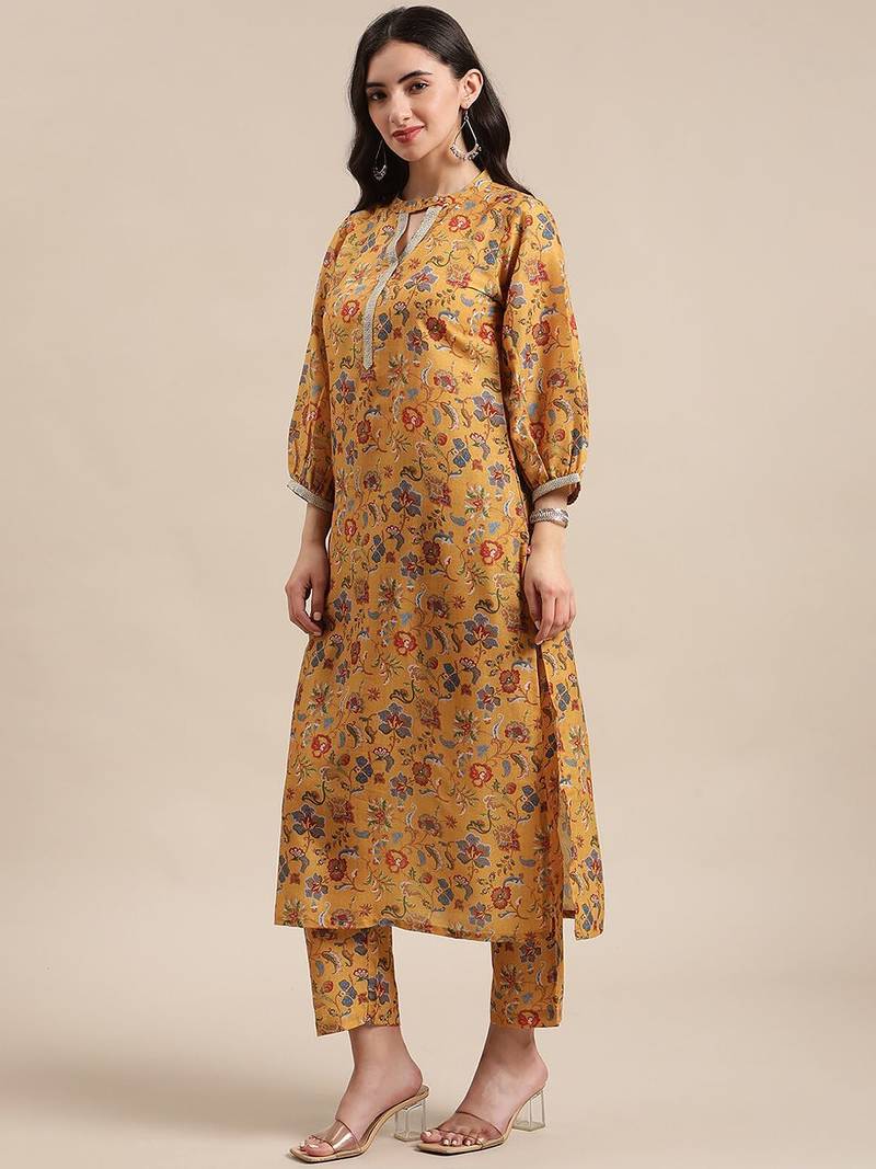 Women Mustard Yellow Floral Printed Straight Kurta with Trousers
