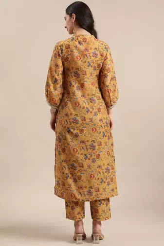 Women Mustard Yellow Floral Printed Straight Kurta with Trousers