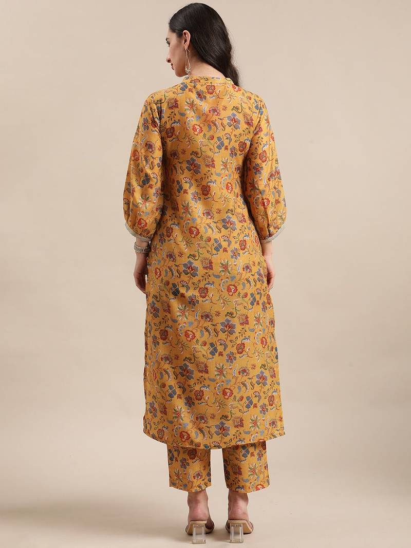 Women Mustard Yellow Floral Printed Straight Kurta with Trousers