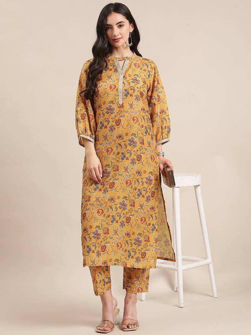 Women Mustard Yellow Floral Printed Straight Kurta with Trousers