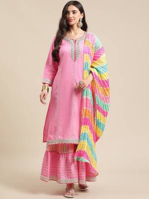 Women Pink Gotta Patti Pure Cotton Kurta with Sharara & Leheriya Dupatta 1