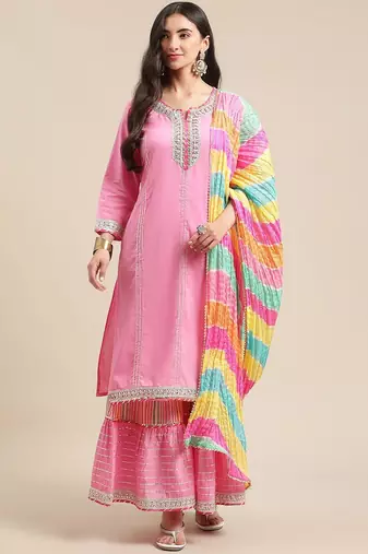 Women Pink Gotta Patti Pure Cotton Kurta with Sharara & Leheriya Dupatta