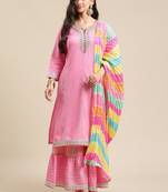 Women Pink Gotta Patti Pure Cotton Kurta with Sharara & Leheriya Dupatta
