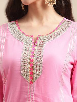 Women Pink Gotta Patti Pure Cotton Kurta with Sharara & Leheriya Dupatta 2