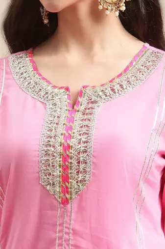Women Pink Gotta Patti Pure Cotton Kurta with Sharara & Leheriya Dupatta