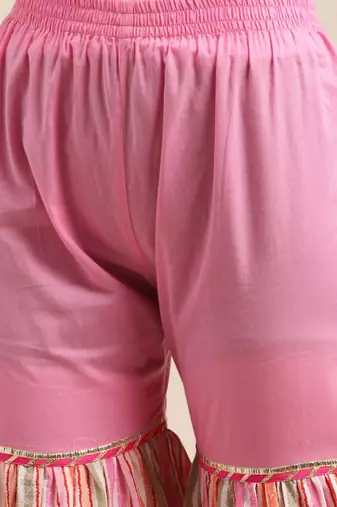 Women Pink Gotta Patti Pure Cotton Kurta with Sharara & Leheriya Dupatta