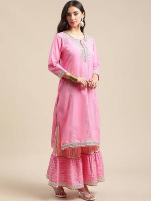 Women Pink Gotta Patti Pure Cotton Kurta with Sharara & Leheriya Dupatta 5
