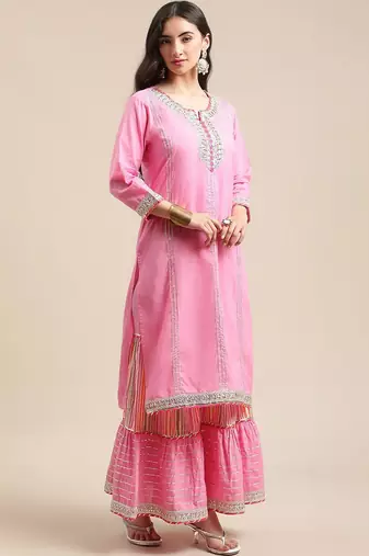 Women Pink Gotta Patti Pure Cotton Kurta with Sharara & Leheriya Dupatta