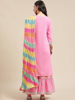 Women Pink Gotta Patti Pure Cotton Kurta with Sharara & Leheriya Dupatta 6
