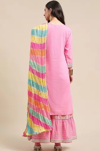 Women Pink Gotta Patti Pure Cotton Kurta with Sharara & Leheriya Dupatta