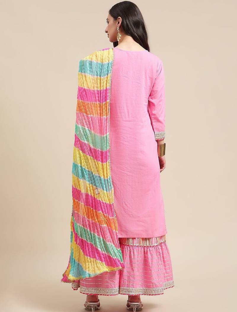 Women Pink Gotta Patti Pure Cotton Kurta with Sharara & Leheriya Dupatta