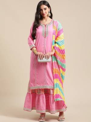 Women Pink Gotta Patti Pure Cotton Kurta with Sharara & Leheriya Dupatta 7
