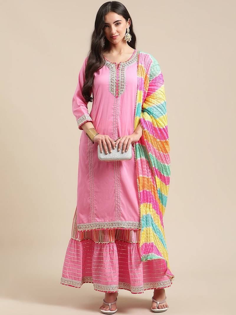 Women Pink Gotta Patti Pure Cotton Kurta with Sharara & Leheriya Dupatta