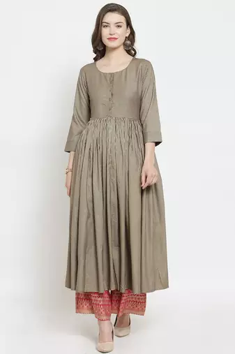 Women Gold Striped Pleated Kurta with Palazzos