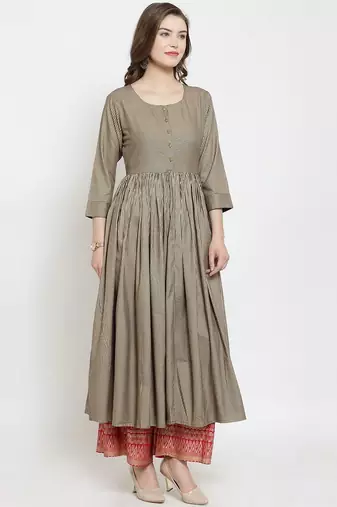 Women Gold Striped Pleated Kurta with Palazzos