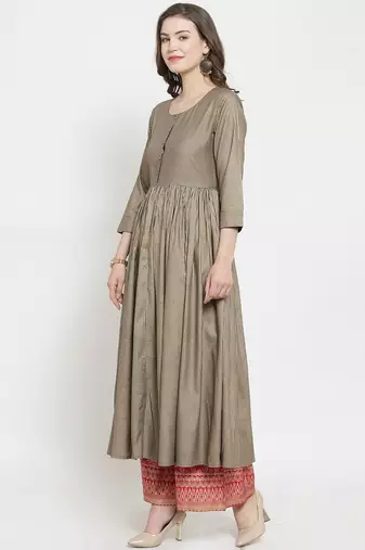 Women Gold Striped Pleated Kurta with Palazzos