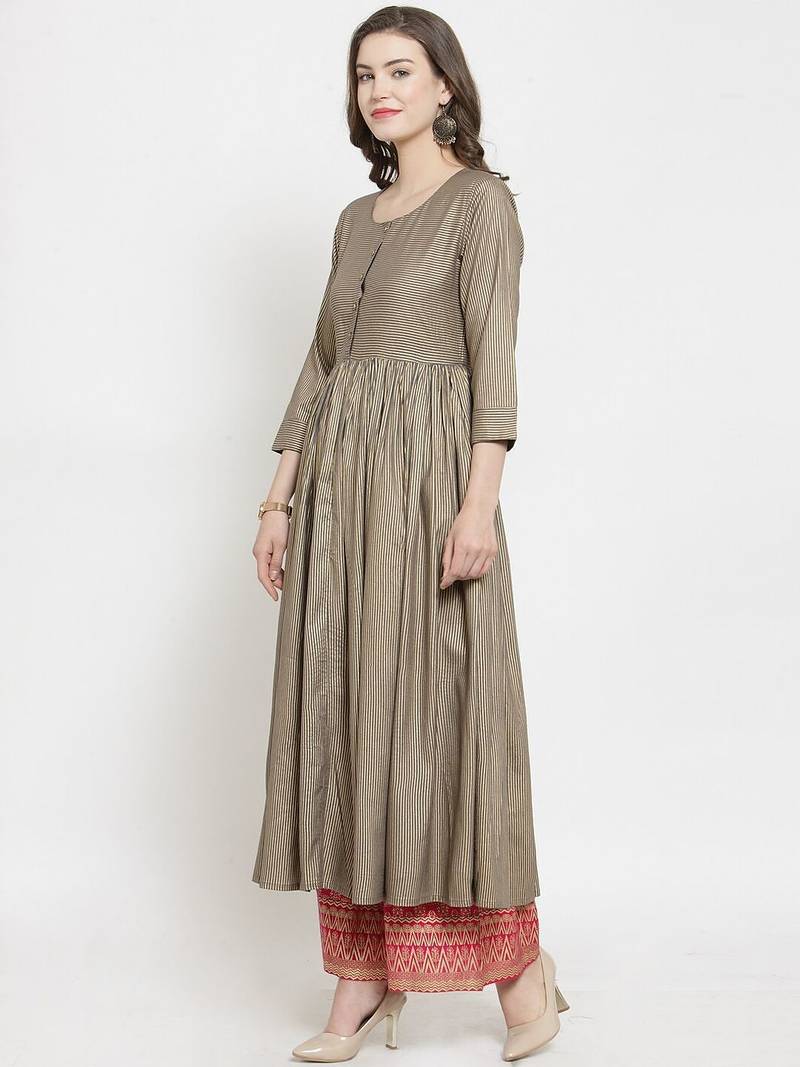 Women Gold Striped Pleated Kurta with Palazzos