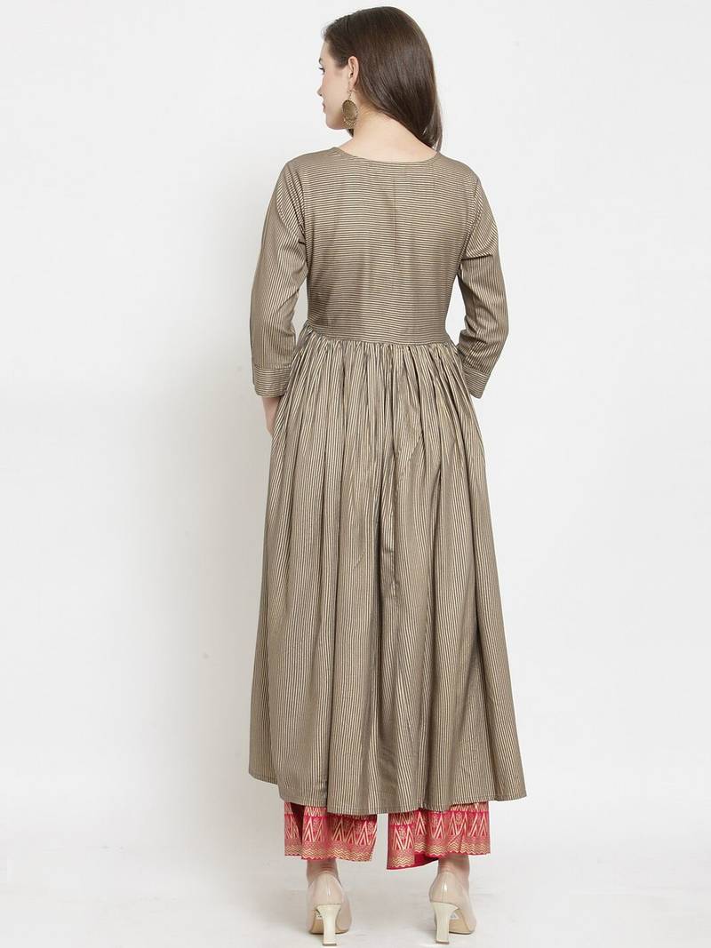 Women Gold Striped Pleated Kurta with Palazzos