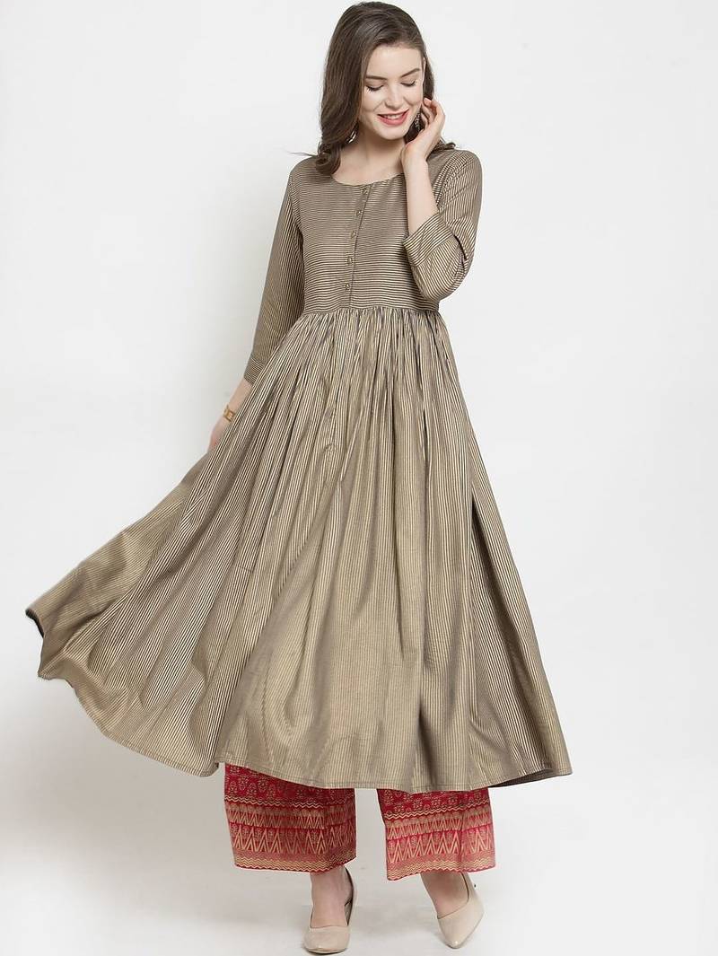 Women Gold Striped Pleated Kurta with Palazzos
