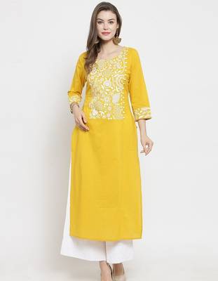 Women Mustard Yellow & White Floral Printed A-Line Pure Cotton Kurta with Palazzos 1