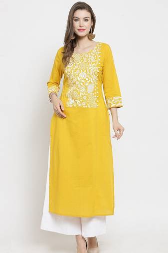 Women Mustard Yellow & White Floral Printed A-Line Pure Cotton Kurta with Palazzos
