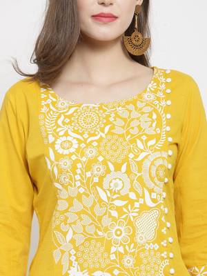 Women Mustard Yellow & White Floral Printed A-Line Pure Cotton Kurta with Palazzos 2
