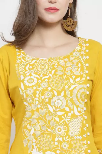 Women Mustard Yellow & White Floral Printed A-Line Pure Cotton Kurta with Palazzos
