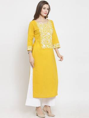 Women Mustard Yellow & White Floral Printed A-Line Pure Cotton Kurta with Palazzos 4