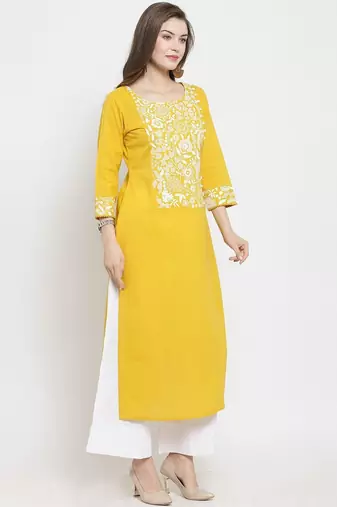 Women Mustard Yellow & White Floral Printed A-Line Pure Cotton Kurta with Palazzos