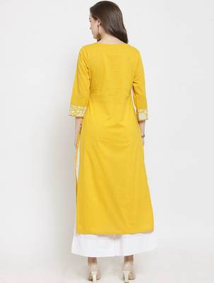 Women Mustard Yellow & White Floral Printed A-Line Pure Cotton Kurta with Palazzos 5