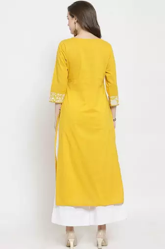 Women Mustard Yellow & White Floral Printed A-Line Pure Cotton Kurta with Palazzos