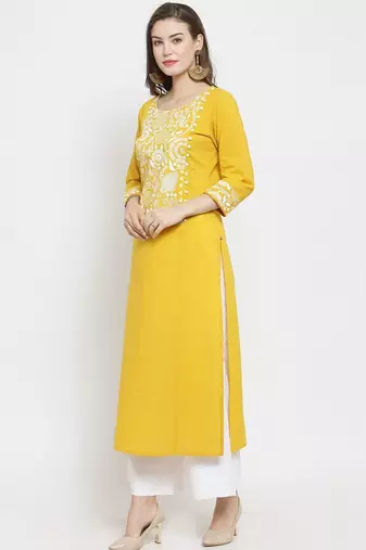 Women Mustard Yellow & White Floral Printed A-Line Pure Cotton Kurta with Palazzos