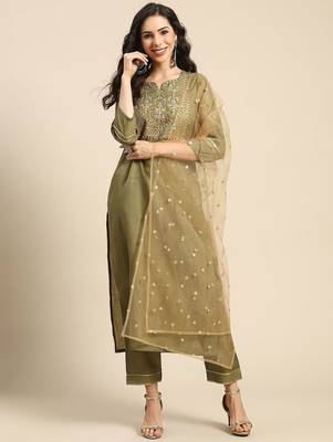 Women Olive Green & Golden Embroidered Kurta with Trousers & Dupatta 1