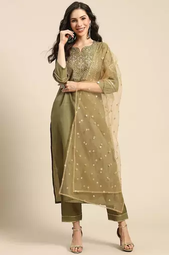 Women Olive Green & Golden Embroidered Kurta with Trousers & Dupatta