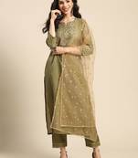 Women Olive Green & Golden Embroidered Kurta with Trousers & Dupatta