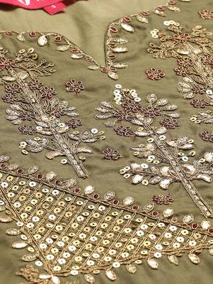 Women Olive Green & Golden Embroidered Kurta with Trousers & Dupatta 2