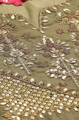 Women Olive Green & Golden Embroidered Kurta with Trousers & Dupatta