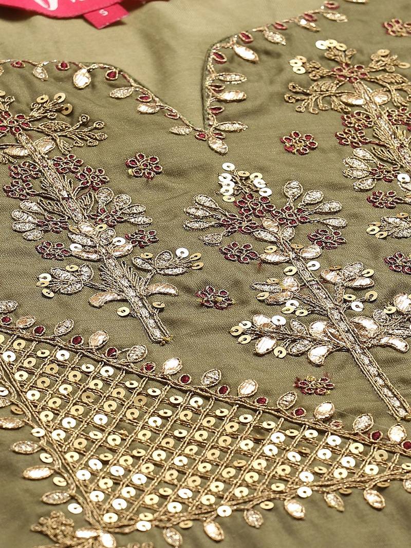 Women Olive Green & Golden Embroidered Kurta with Trousers & Dupatta