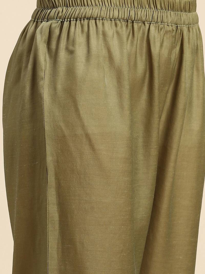 Women Olive Green & Golden Embroidered Kurta with Trousers & Dupatta