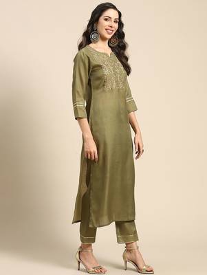 Women Olive Green & Golden Embroidered Kurta with Trousers & Dupatta 5