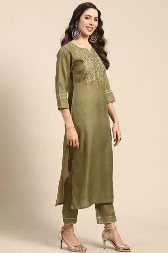 Women Olive Green & Golden Embroidered Kurta with Trousers & Dupatta