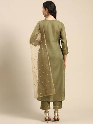 Women Olive Green & Golden Embroidered Kurta with Trousers & Dupatta 6