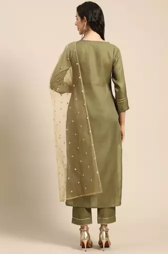 Women Olive Green & Golden Embroidered Kurta with Trousers & Dupatta
