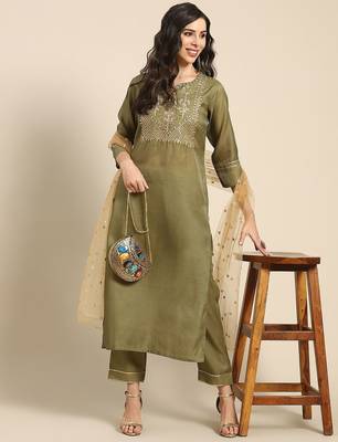 Women Olive Green & Golden Embroidered Kurta with Trousers & Dupatta 7