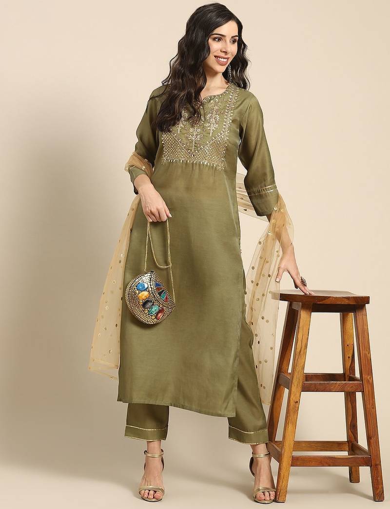 Women Olive Green & Golden Embroidered Kurta with Trousers & Dupatta