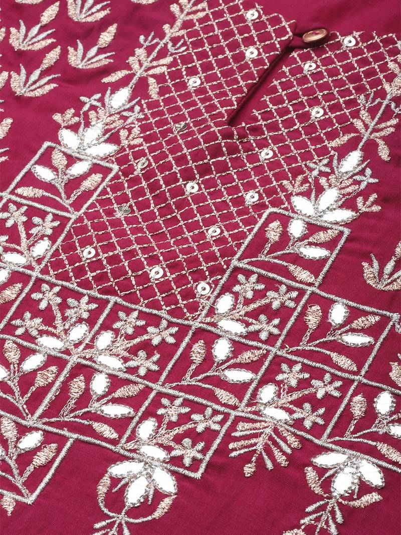 Women Magenta & Golden Yoke Design Kurta with Trousers