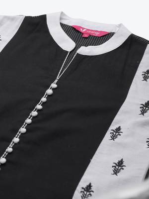 Women Black & White Striped Kurta with Trousers 2