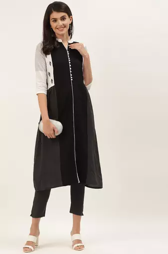 Women Black & White Striped Kurta with Trousers